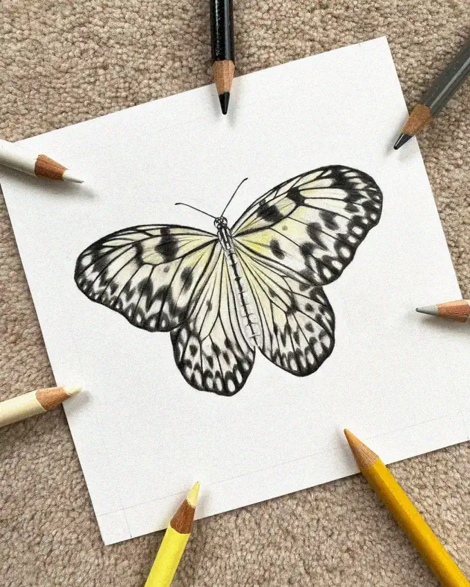 Artistic Butterfly Sketch Amidst Colored Pencils