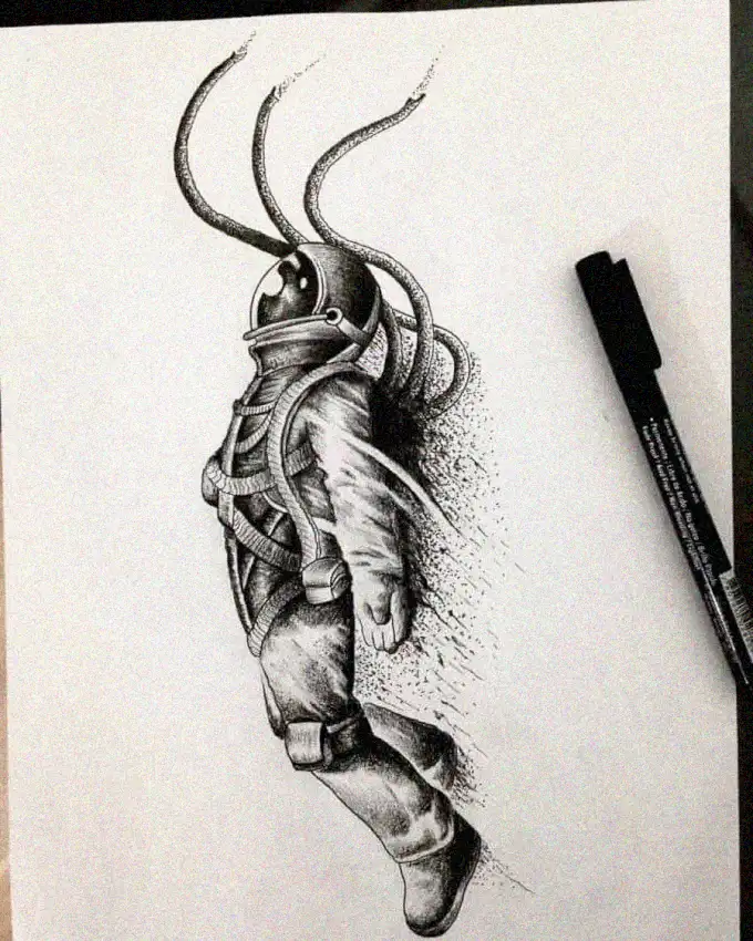 Astronaut Ascending in Pen Sketch