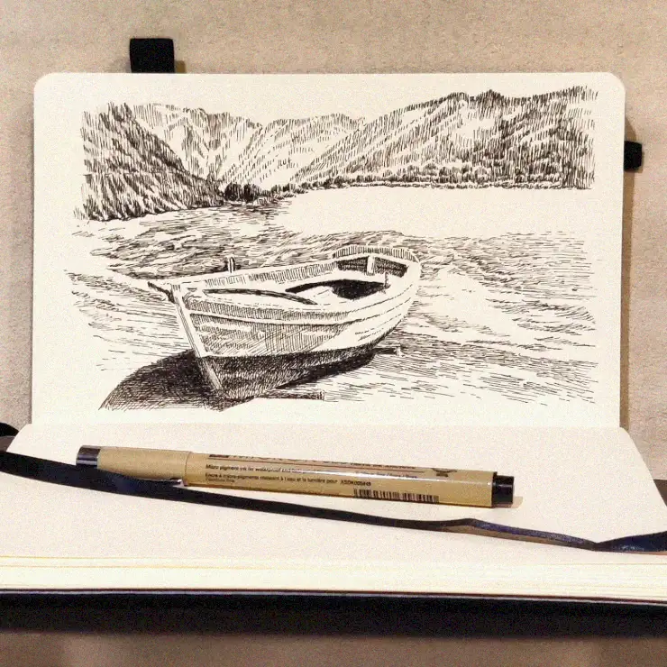 Boating Sketch Amidst Distant Hills