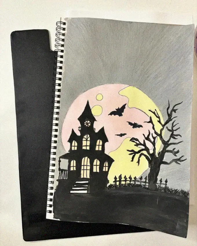 Haunted House Sketch Beneath a Bats' Dance