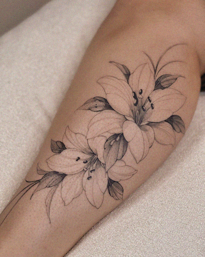 Monochromatic Floral Tattoo in Detail