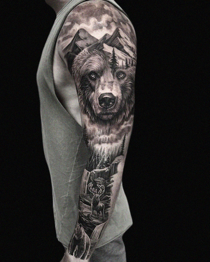 Bear Wilderness Full-Sleeve Tattoo Showcase