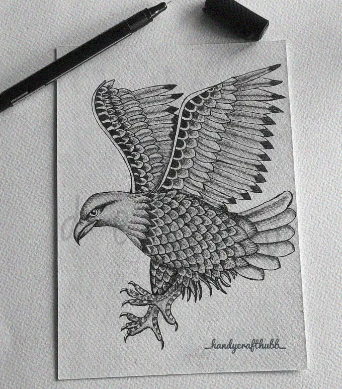 Eagle Mid-Flight: A Pen Sketch Study