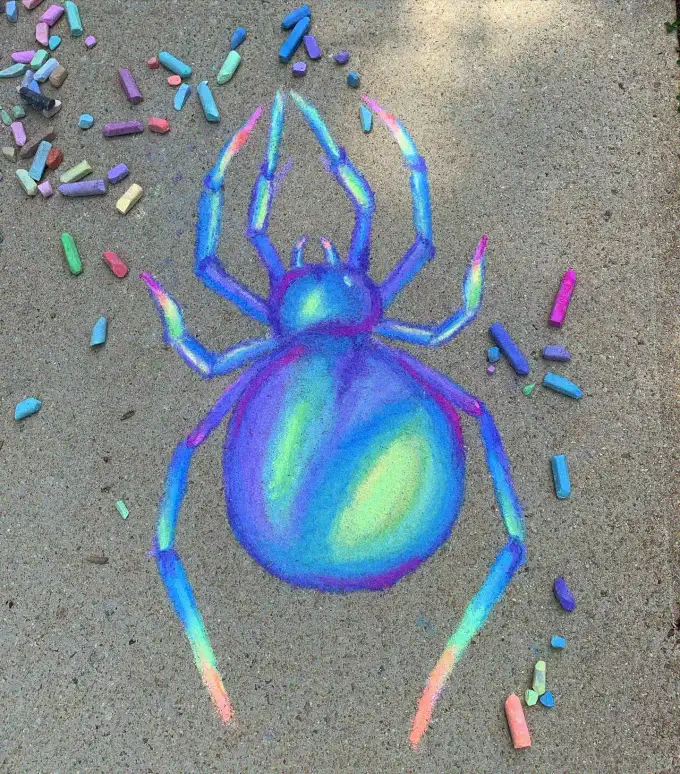 Rainbow Spider Art Amidst Scattered Chalk