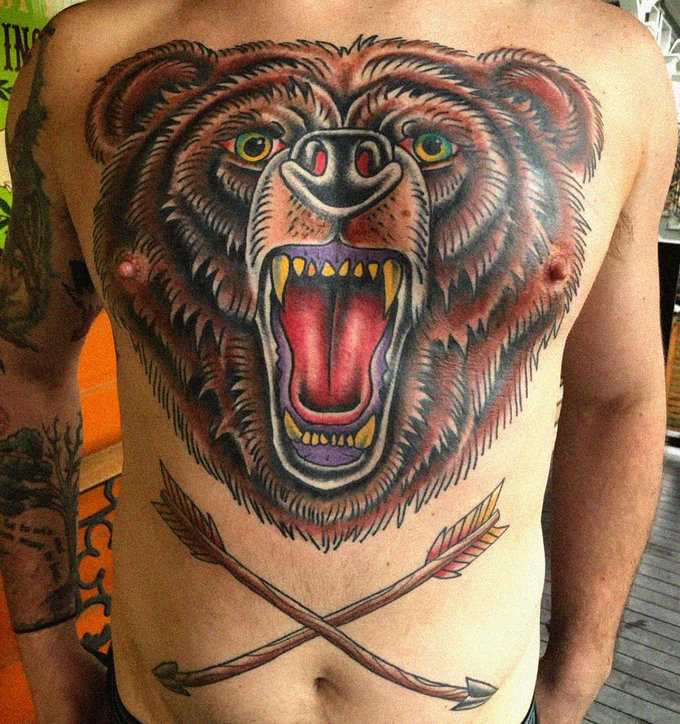 Roaring Bear and Crossed Arrows Tattoo