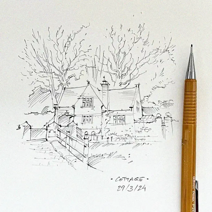 Country Cottage Sketch in Spring Bloom