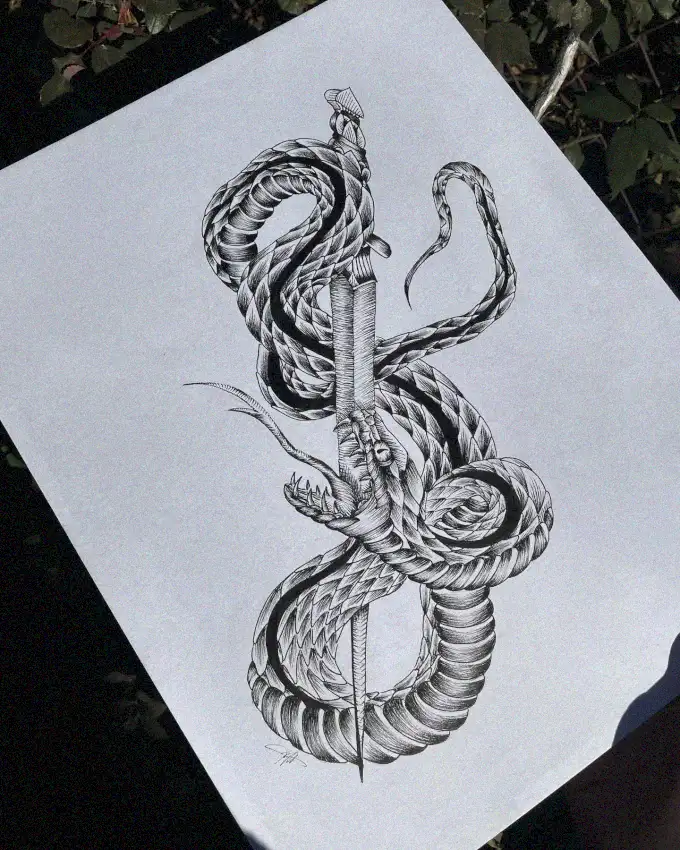 Snakes Wrapped Around Sword in Monochrome