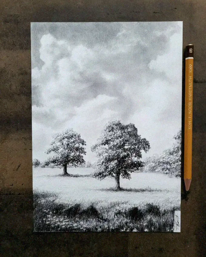Sketch of Twin Trees amidst Cloudy Skies